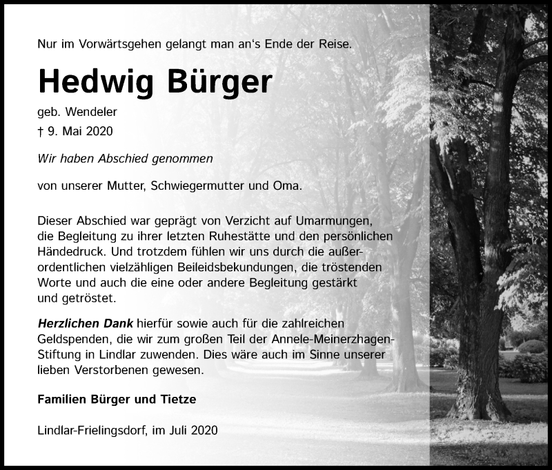  Traueranzeige für Hedwig Bürger vom 11.07.2020 aus Kölner Stadt-Anzeiger / Kölnische Rundschau / Express