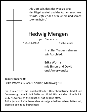 Anzeige von Hedwig Mengen von Kölner Stadt-Anzeiger / Kölnische Rundschau / Express