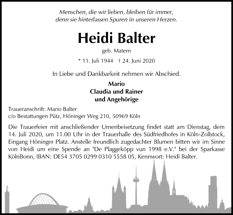  Traueranzeige für Heidi Balter vom 11.07.2020 aus Kölner Stadt-Anzeiger / Kölnische Rundschau / Express