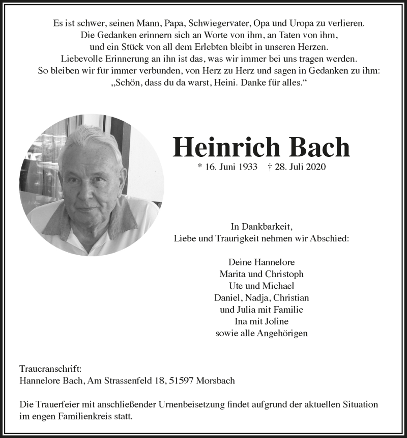  Traueranzeige für Heinrich Bach vom 31.07.2020 aus  Lokalanzeiger 