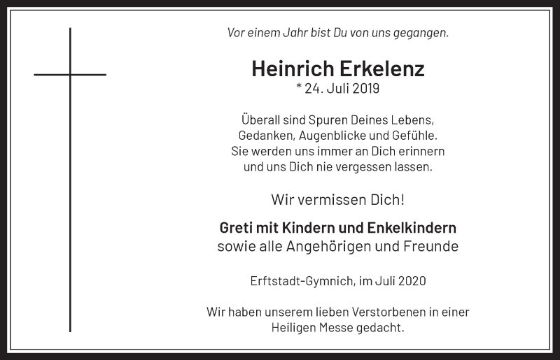  Traueranzeige für Heinrich Erkelenz vom 24.07.2020 aus  Werbepost 