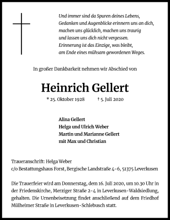 Anzeige von Heinrich Gellert von Kölner Stadt-Anzeiger / Kölnische Rundschau / Express