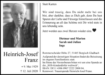 Anzeige von Heinrich-Josef Franz von  Bergisches Handelsblatt 