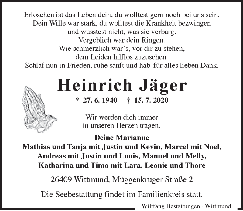  Traueranzeige für Heinrich Jäger vom 24.07.2020 aus  Anzeigen Echo 
