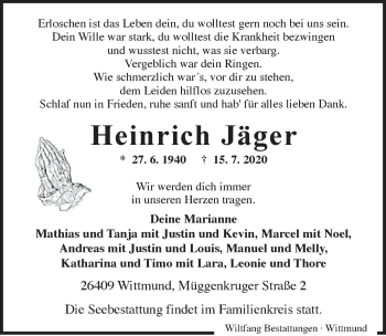 Anzeige von Heinrich Jäger von  Anzeigen Echo 