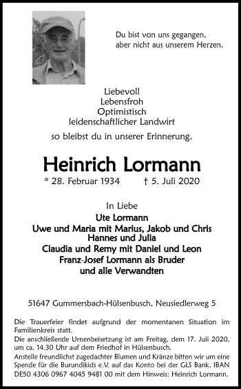 Anzeige von Heinrich Lormann von Kölner Stadt-Anzeiger / Kölnische Rundschau / Express