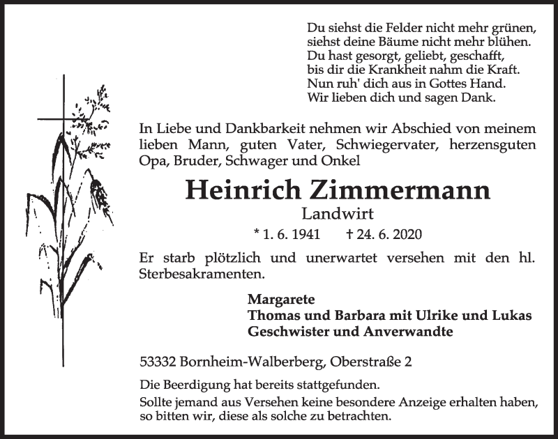  Traueranzeige für Heinrich Zimmermann vom 03.07.2020 aus  Schlossbote/Werbekurier 