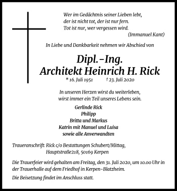 Anzeige von Heinrich H. Rick von Kölner Stadt-Anzeiger / Kölnische Rundschau / Express