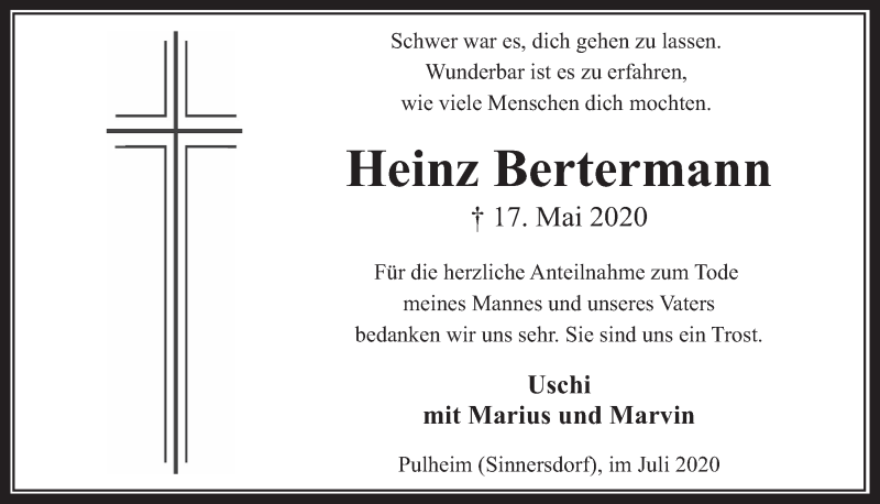  Traueranzeige für Heinz Bertermann vom 03.07.2020 aus  Wochenende 