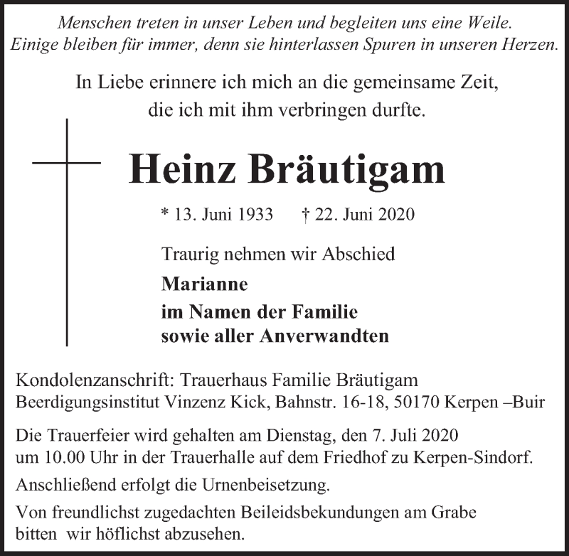  Traueranzeige für Heinz Bräutigam vom 03.07.2020 aus  Werbepost 