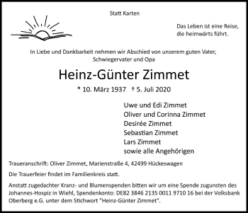 Anzeige von Heinz-Günter Zimmet von  Lokalanzeiger 