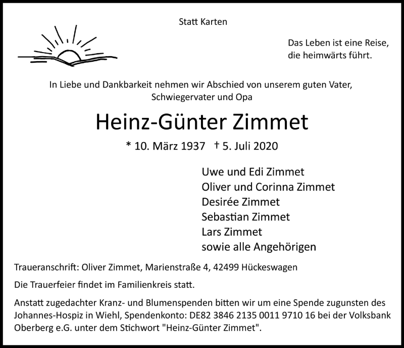  Traueranzeige für Heinz-Günter Zimmet vom 17.07.2020 aus  Lokalanzeiger 