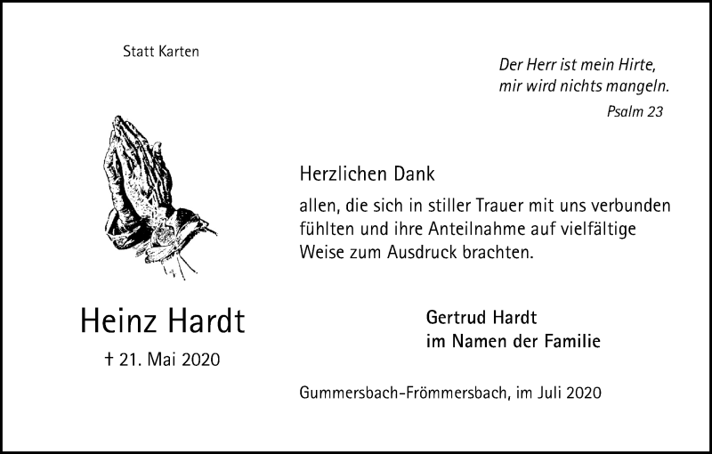  Traueranzeige für Heinz Hardt vom 04.07.2020 aus Kölner Stadt-Anzeiger / Kölnische Rundschau / Express
