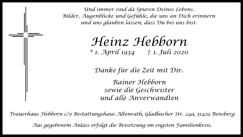  Traueranzeige für Heinz Hebborn vom 07.07.2020 aus Kölner Stadt-Anzeiger / Kölnische Rundschau / Express