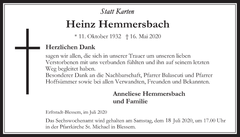  Traueranzeige für Heinz Hemmersbach vom 10.07.2020 aus  Werbepost 
