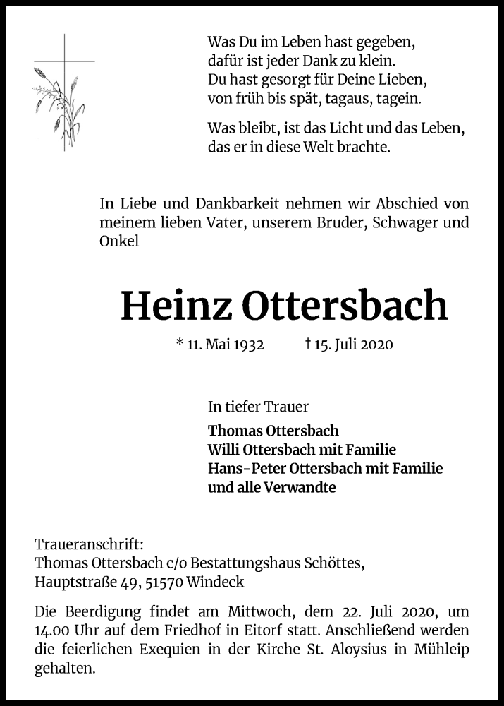  Traueranzeige für Heinz Ottersbach vom 18.07.2020 aus Kölner Stadt-Anzeiger / Kölnische Rundschau / Express