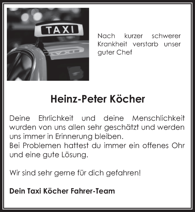  Traueranzeige für Heinz-Peter Köcher vom 10.07.2020 aus  Werbepost 