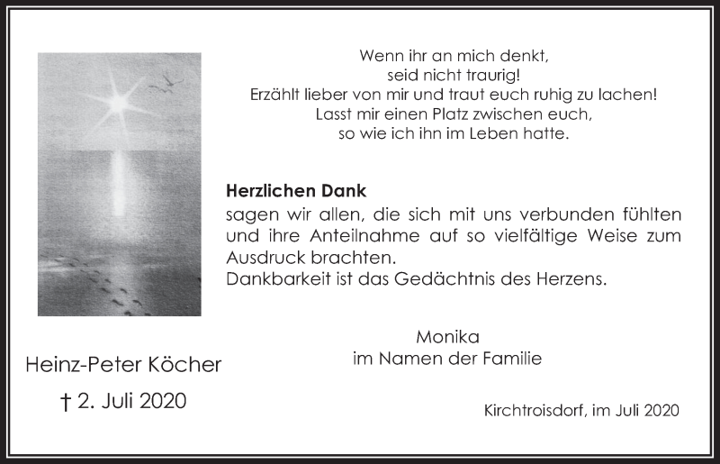  Traueranzeige für Heinz-Peter Köcher vom 31.07.2020 aus  Werbepost 