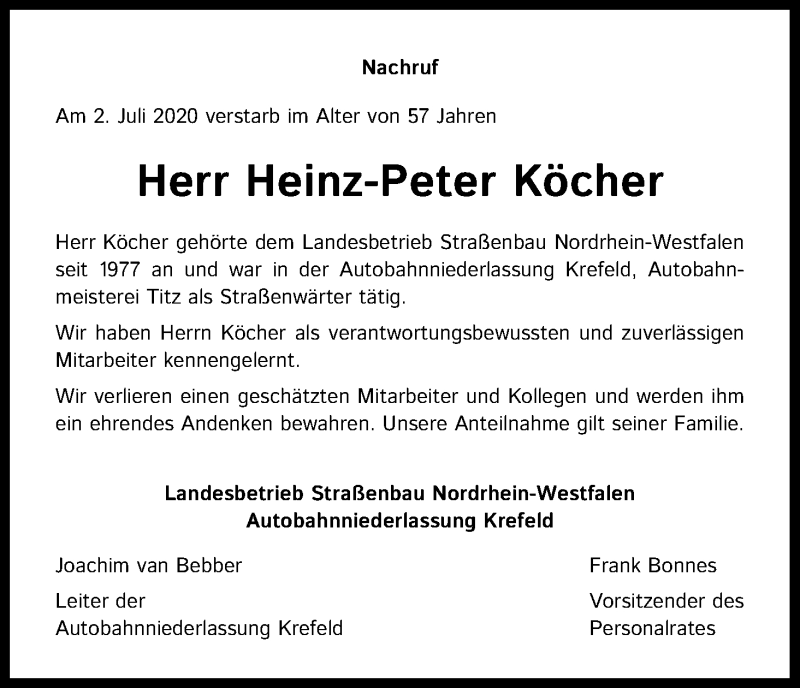  Traueranzeige für Heinz-Peter Köcher vom 11.07.2020 aus Kölner Stadt-Anzeiger / Kölnische Rundschau / Express