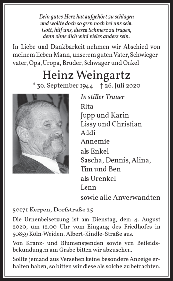 Anzeige von Heinz Weingartz von  Werbepost 