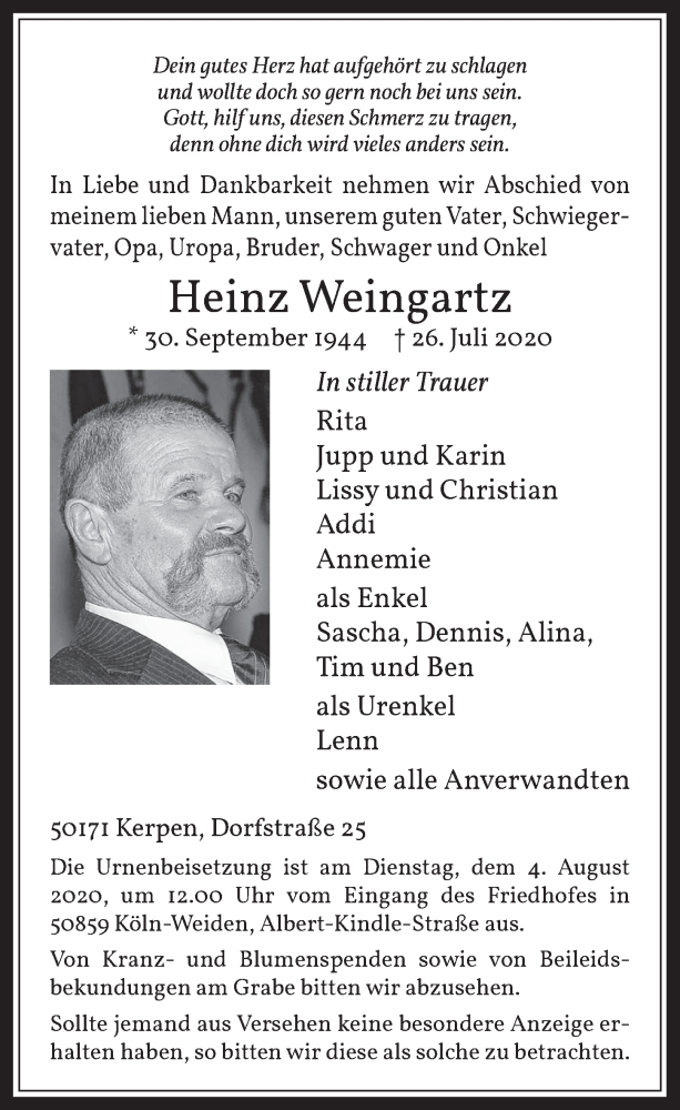  Traueranzeige für Heinz Weingartz vom 31.07.2020 aus  Werbepost 