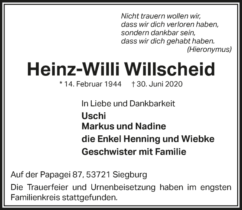  Traueranzeige für Heinz-Willi Willscheid vom 24.07.2020 aus  Extra Blatt 
