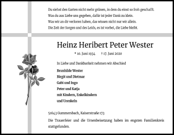 Anzeige von Heinz Heribert Peter Wester von Kölner Stadt-Anzeiger / Kölnische Rundschau / Express