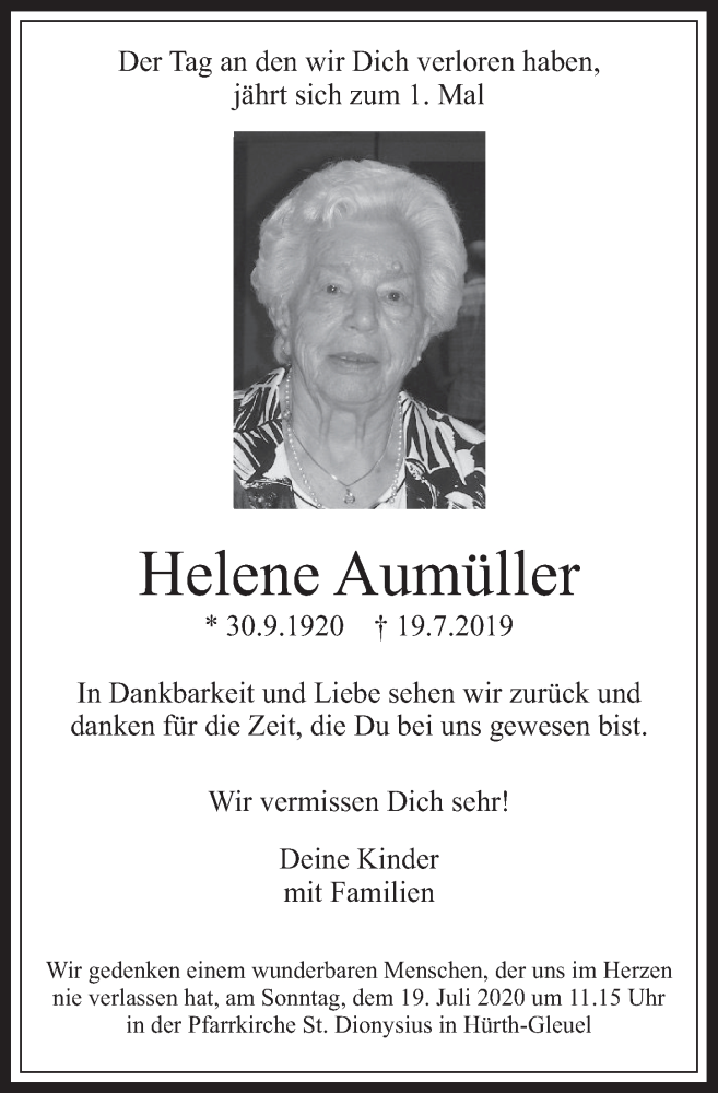  Traueranzeige für Helene Aumüller vom 17.07.2020 aus  Wochenende 