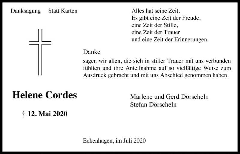  Traueranzeige für Helene Cordes vom 10.07.2020 aus  Anzeigen Echo 