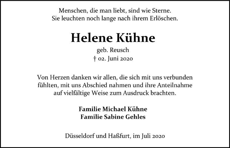  Traueranzeige für Helene Kühne vom 10.07.2020 aus  Anzeigen Echo 