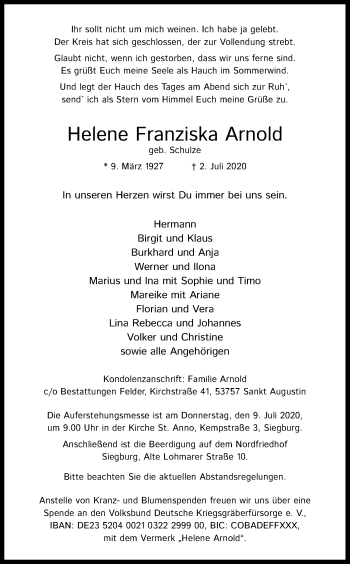 Anzeige von Helene Franziska Arnold von Kölner Stadt-Anzeiger / Kölnische Rundschau / Express