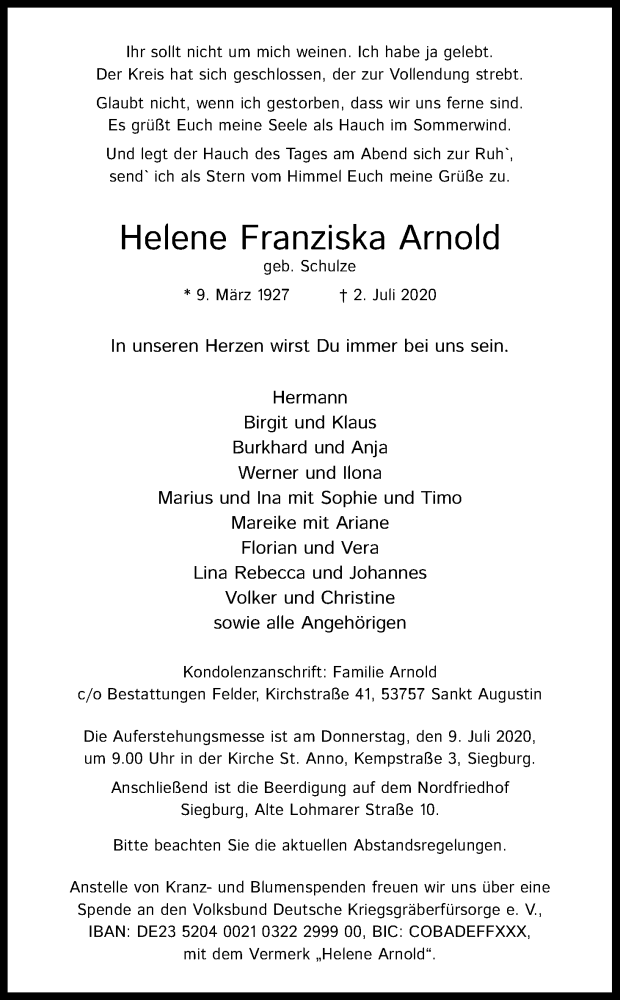  Traueranzeige für Helene Franziska Arnold vom 04.07.2020 aus Kölner Stadt-Anzeiger / Kölnische Rundschau / Express