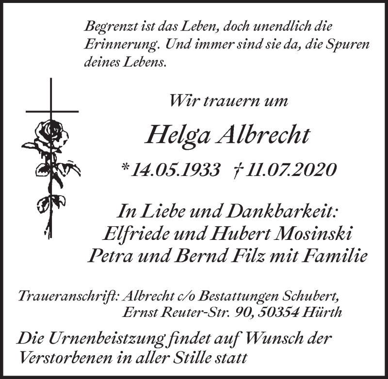  Traueranzeige für Helga Albrecht vom 17.07.2020 aus  Wochenende 