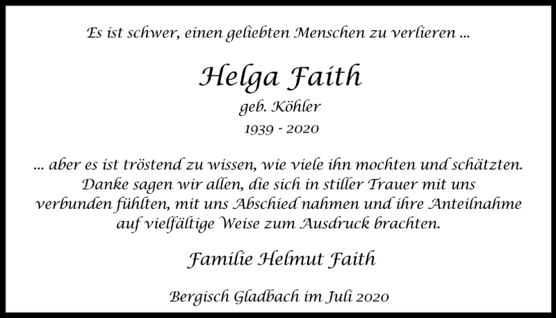  Traueranzeige für Helga Faith vom 10.07.2020 aus  Bergisches Handelsblatt 