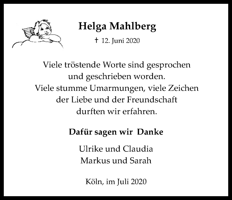  Traueranzeige für Helga Mahlberg vom 18.07.2020 aus Kölner Stadt-Anzeiger / Kölnische Rundschau / Express