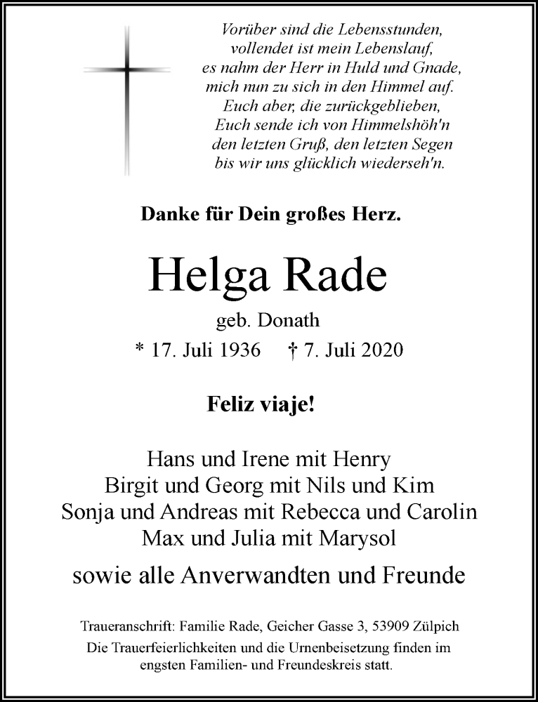  Traueranzeige für Helga Rade vom 11.07.2020 aus  Blickpunkt Euskirchen 