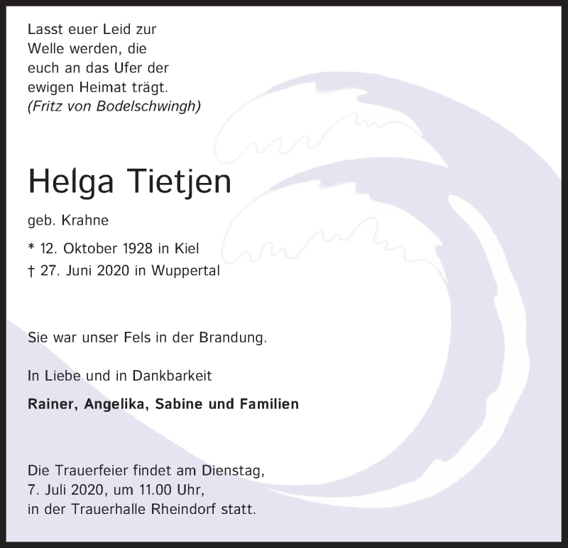  Traueranzeige für Helga Tietjen vom 04.07.2020 aus Kölner Stadt-Anzeiger / Kölnische Rundschau / Express