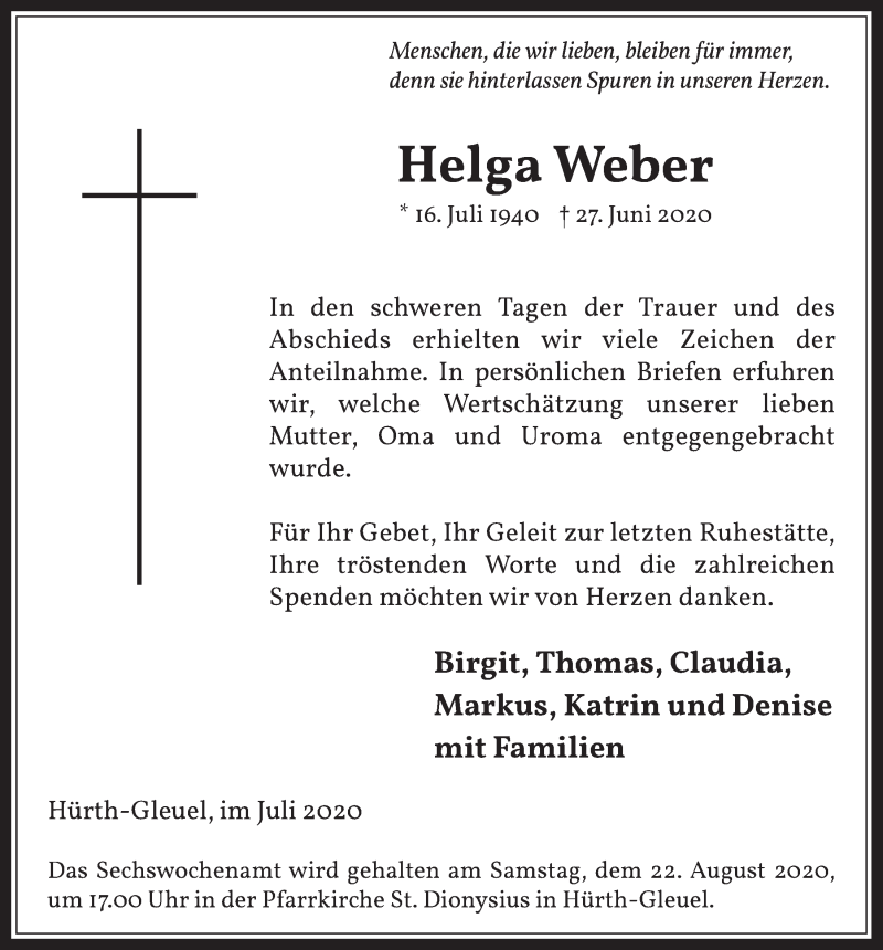  Traueranzeige für Helga Weber vom 31.07.2020 aus  Wochenende  Werbepost 