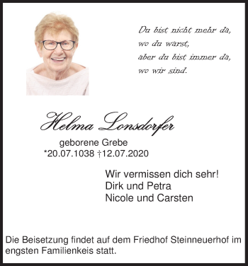 Anzeige von Helma Lonsdorfer von Kölner Stadt-Anzeiger / Kölnische Rundschau / Express