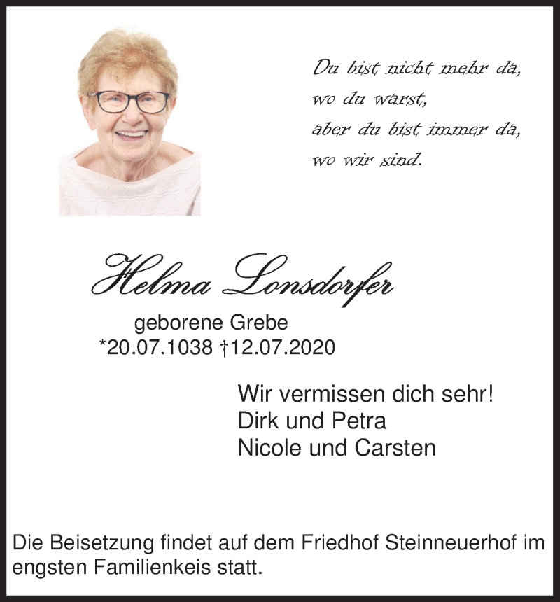  Traueranzeige für Helma Lonsdorfer vom 18.07.2020 aus Kölner Stadt-Anzeiger / Kölnische Rundschau / Express