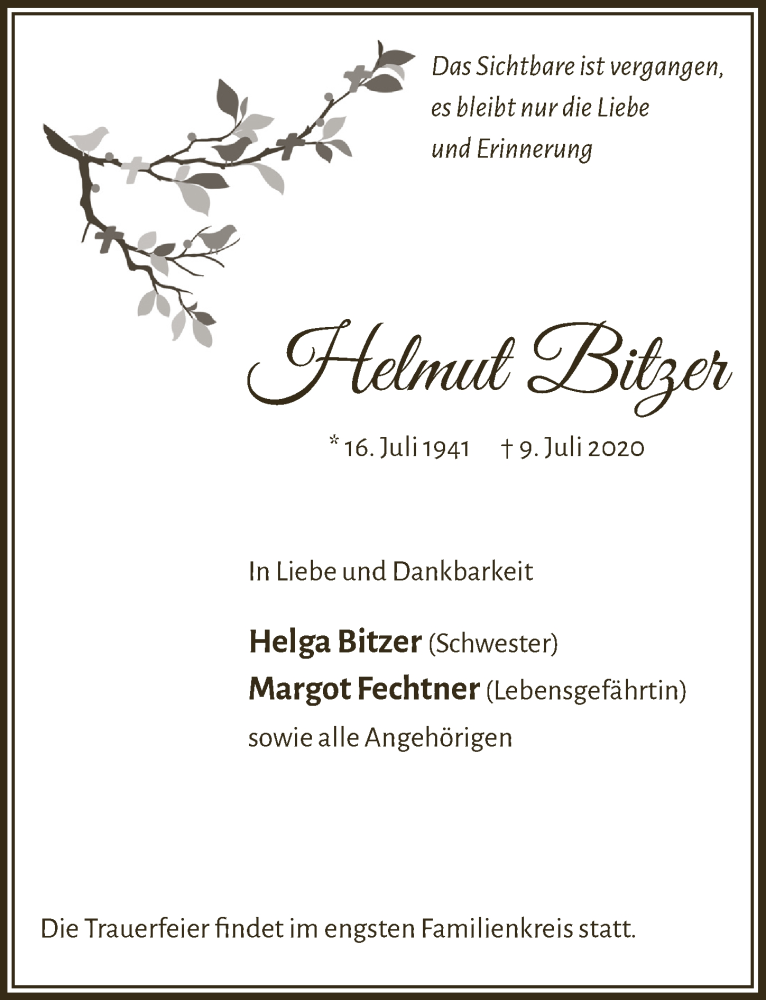  Traueranzeige für Helmut Bitzer vom 17.07.2020 aus  Lokalanzeiger 