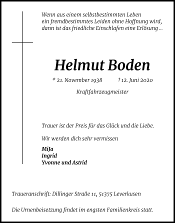 Anzeige von Helmut Boden von Kölner Stadt-Anzeiger / Kölnische Rundschau / Express