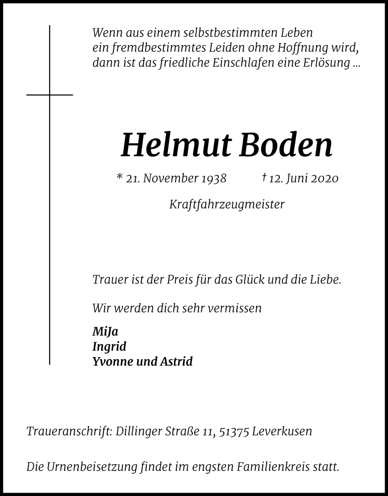  Traueranzeige für Helmut Boden vom 04.07.2020 aus Kölner Stadt-Anzeiger / Kölnische Rundschau / Express
