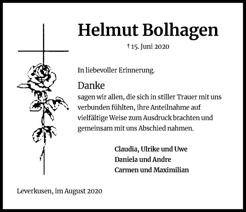  Traueranzeige für Helmut Bolhagen vom 18.07.2020 aus Kölner Stadt-Anzeiger / Kölnische Rundschau / Express
