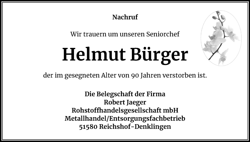  Traueranzeige für Helmut Bürger vom 21.07.2020 aus Kölner Stadt-Anzeiger / Kölnische Rundschau / Express