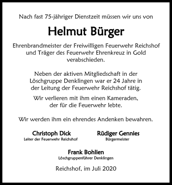 Anzeige von Helmut Bürger von Kölner Stadt-Anzeiger / Kölnische Rundschau / Express
