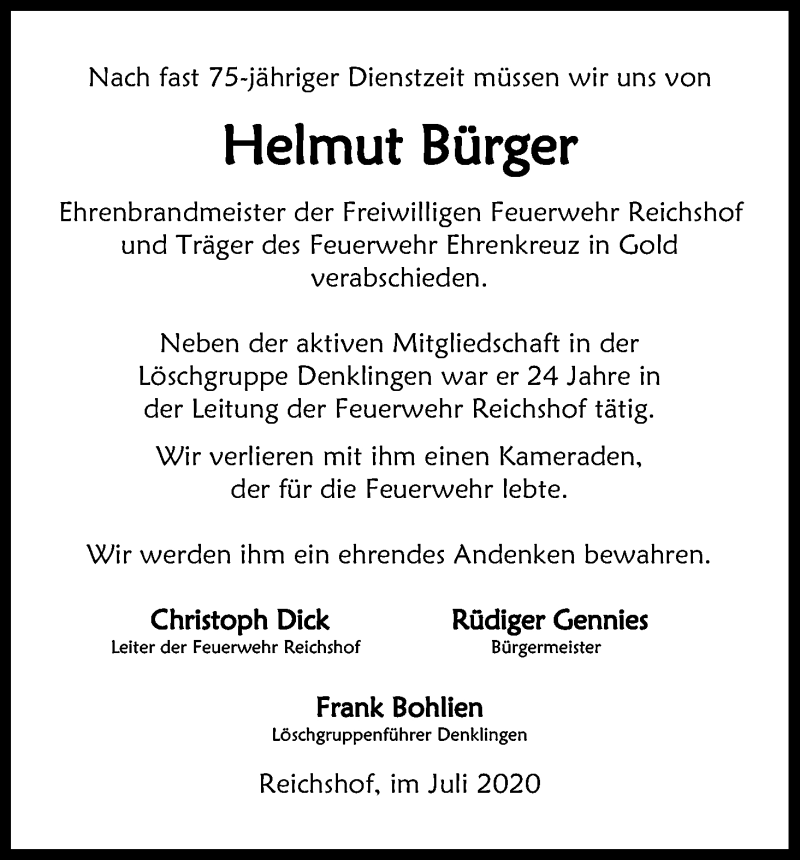  Traueranzeige für Helmut Bürger vom 25.07.2020 aus Kölner Stadt-Anzeiger / Kölnische Rundschau / Express