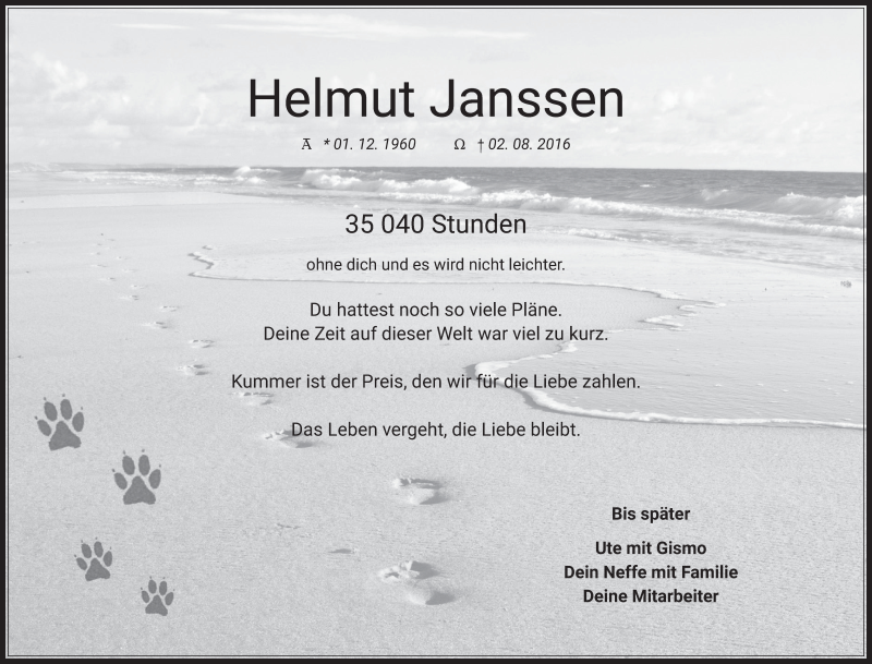  Traueranzeige für Helmut Janssen vom 31.07.2020 aus  Wochenende  Schlossbote/Werbekurier 