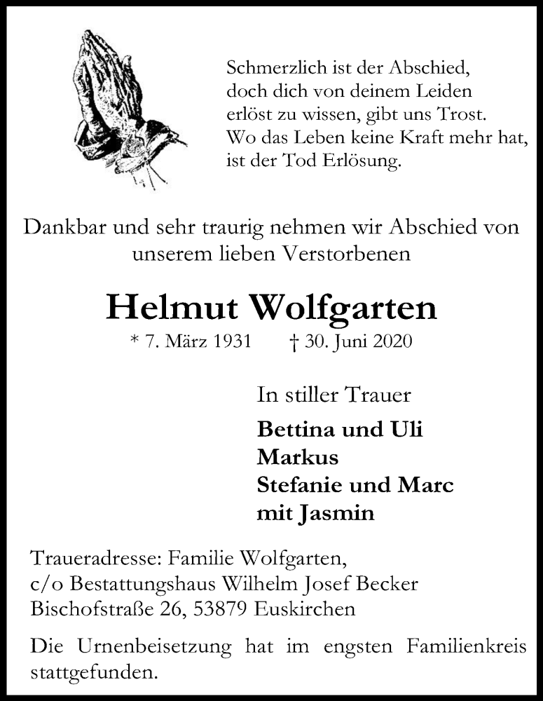 Traueranzeige für Helmut Wolfgarten vom 11.07.2020 aus Kölner Stadt-Anzeiger / Kölnische Rundschau / Express
