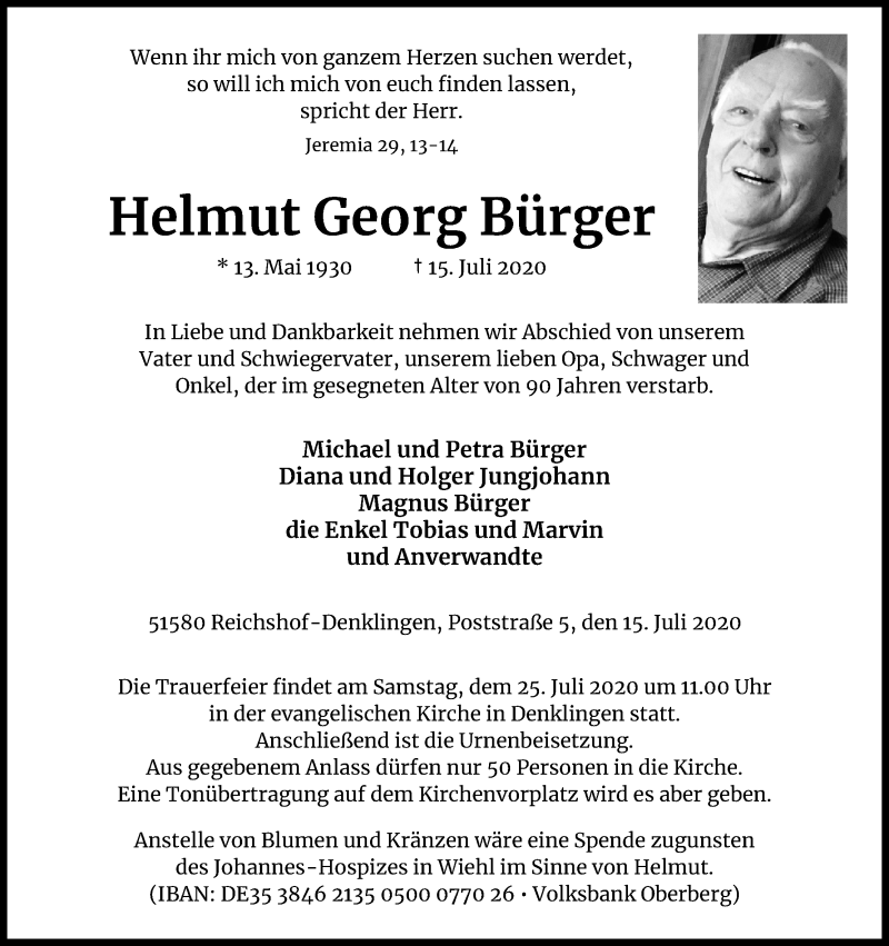  Traueranzeige für Helmut Georg Bürger vom 21.07.2020 aus Kölner Stadt-Anzeiger / Kölnische Rundschau / Express